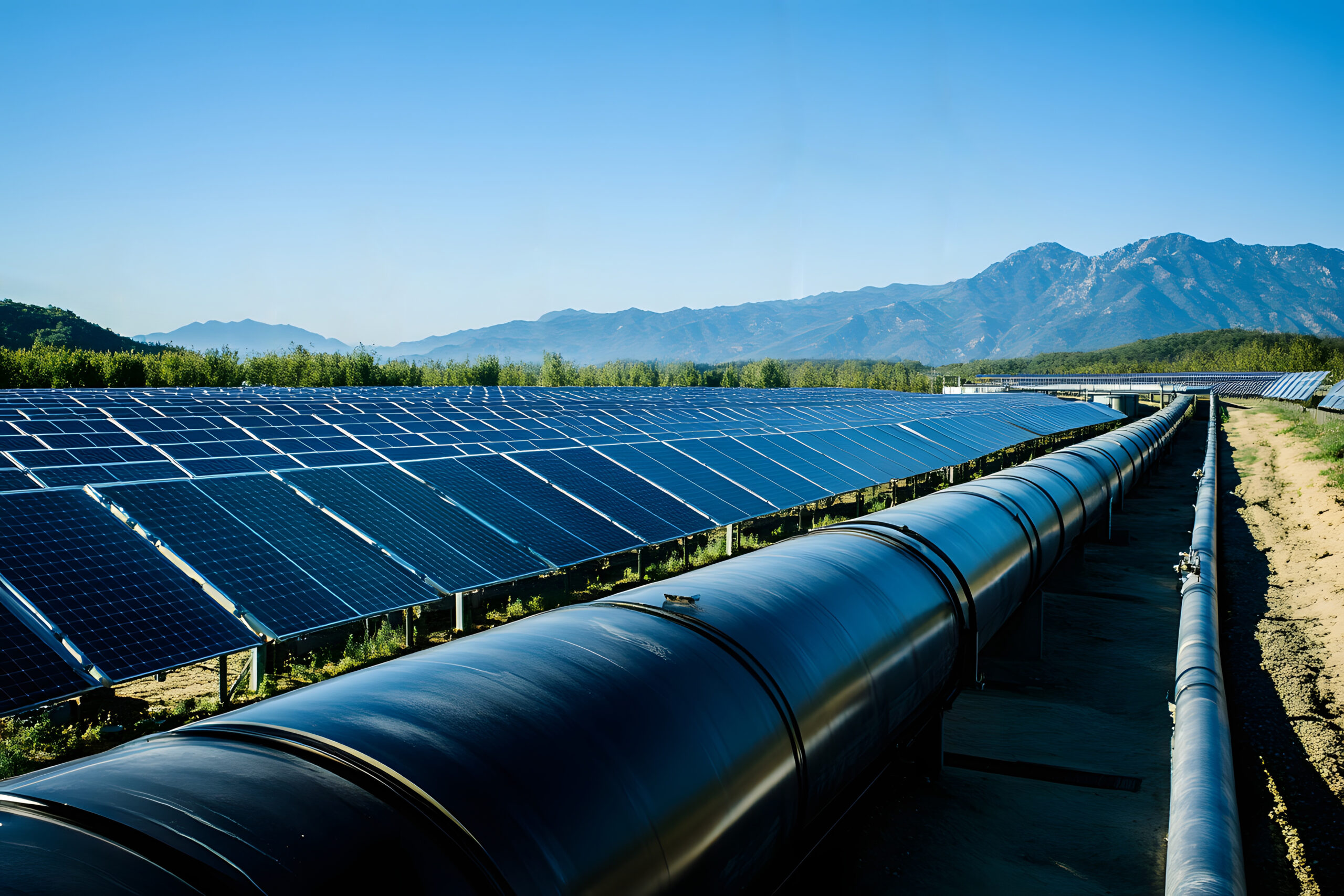 Solar farm, wind turbines, pipeline, mountains, energy